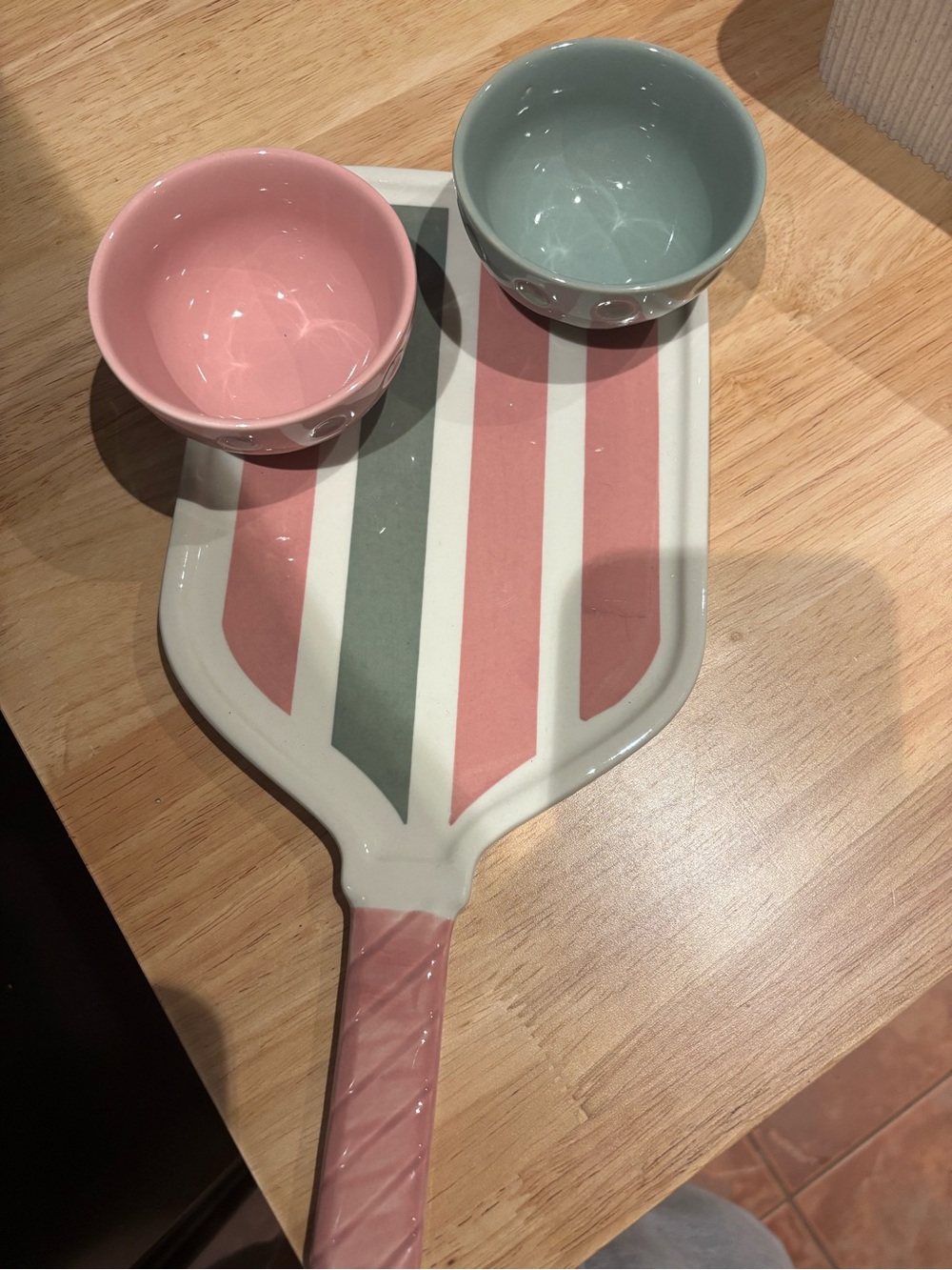 Hand-painted ceramic Pickleball serving tray with two ramekins for dips!